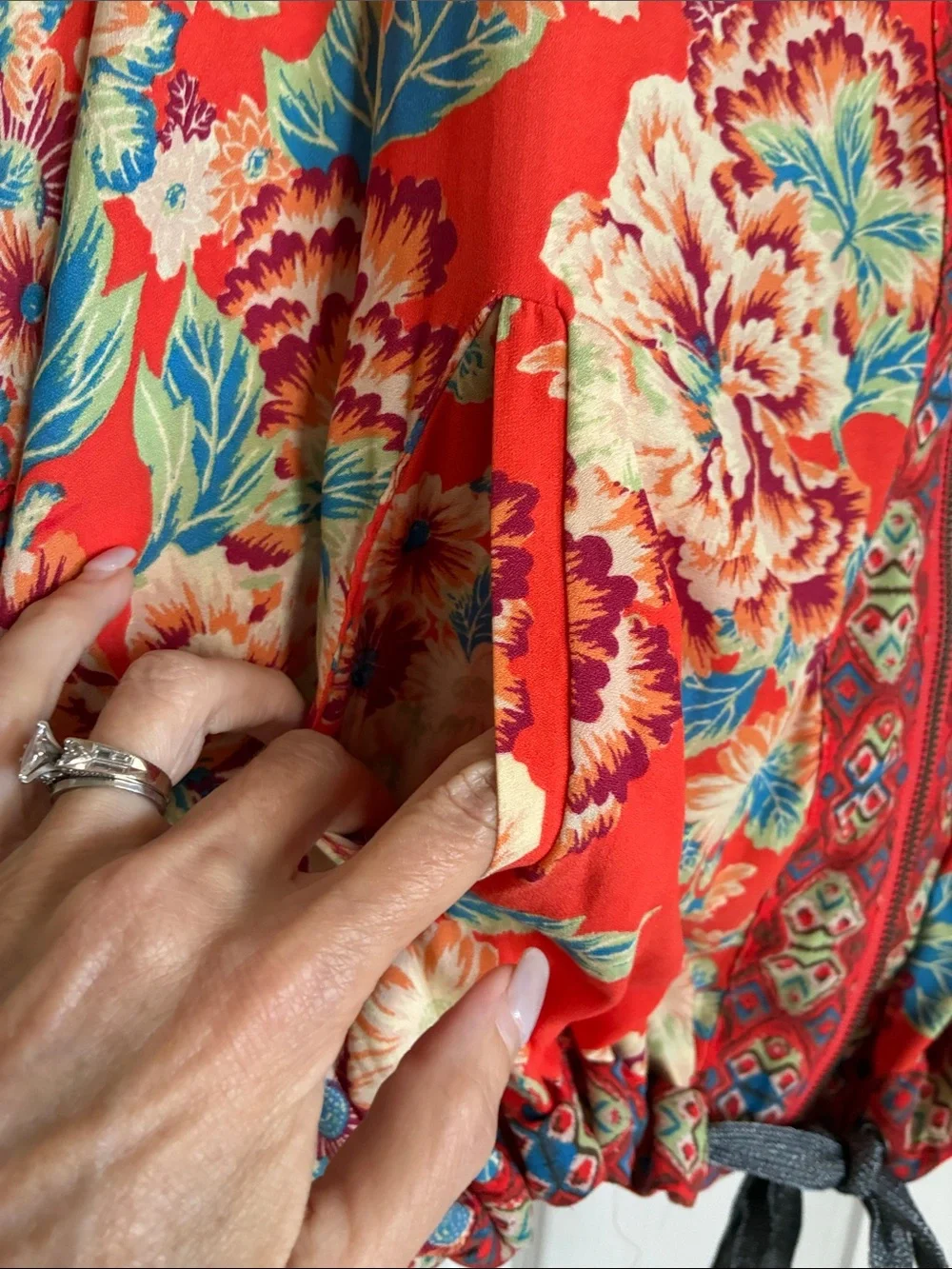 Free People Wildflower Zip Front Kimono Jacket Floral Boho Red Orange Festival